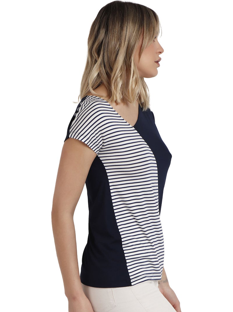 T-shirt manches courtes col V Rayas Lisa Bleu marine - Kiabi