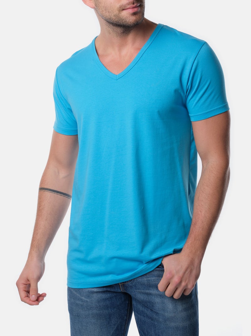 T-shirt manches courtes col V uni Bleu turquoise - Kiabi