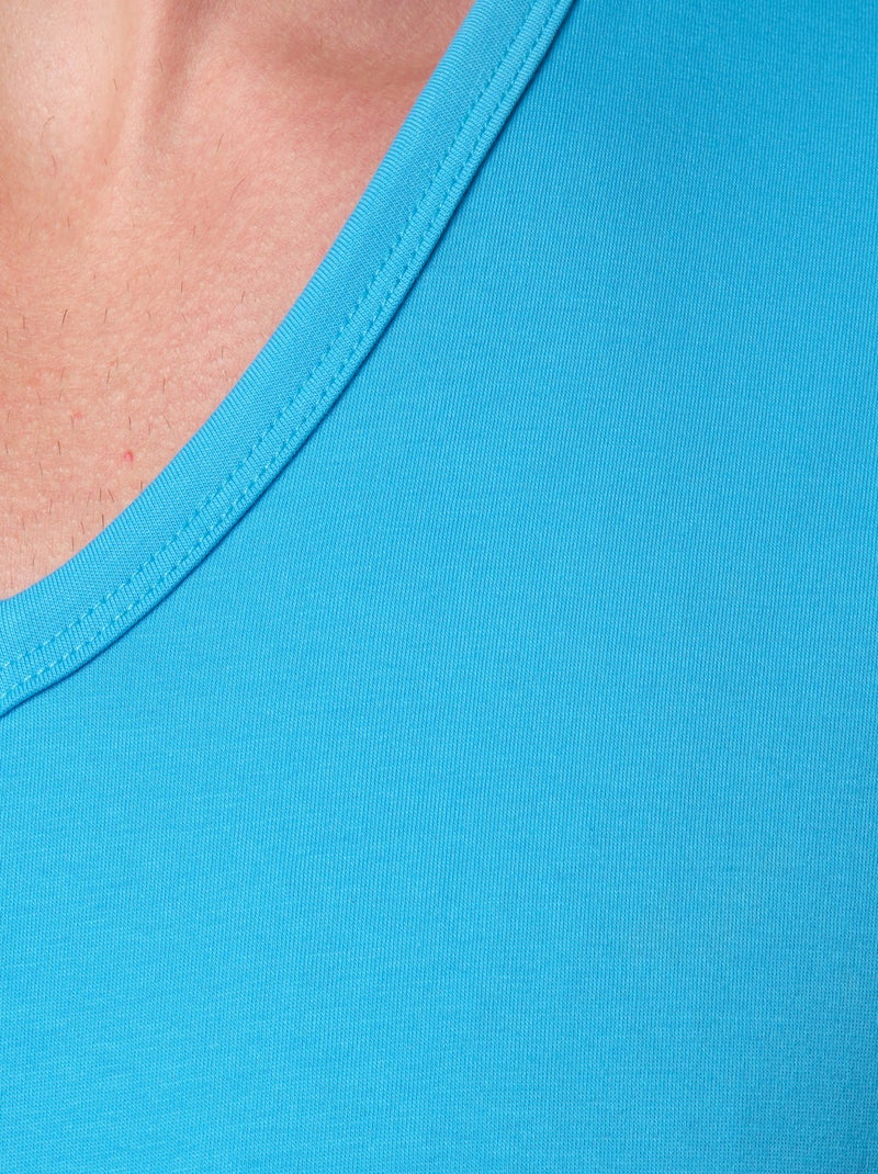 T-shirt manches courtes col V uni Bleu turquoise - Kiabi