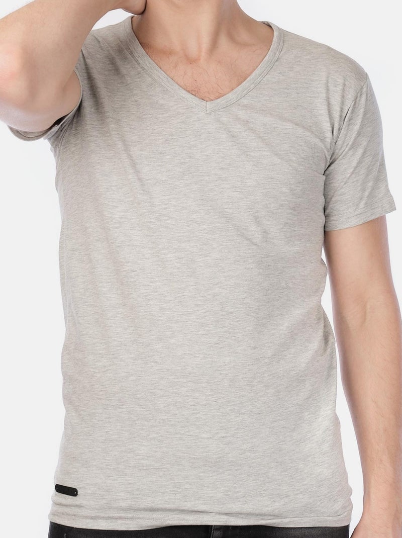 T-shirt manches courtes col V uni Gris - Kiabi