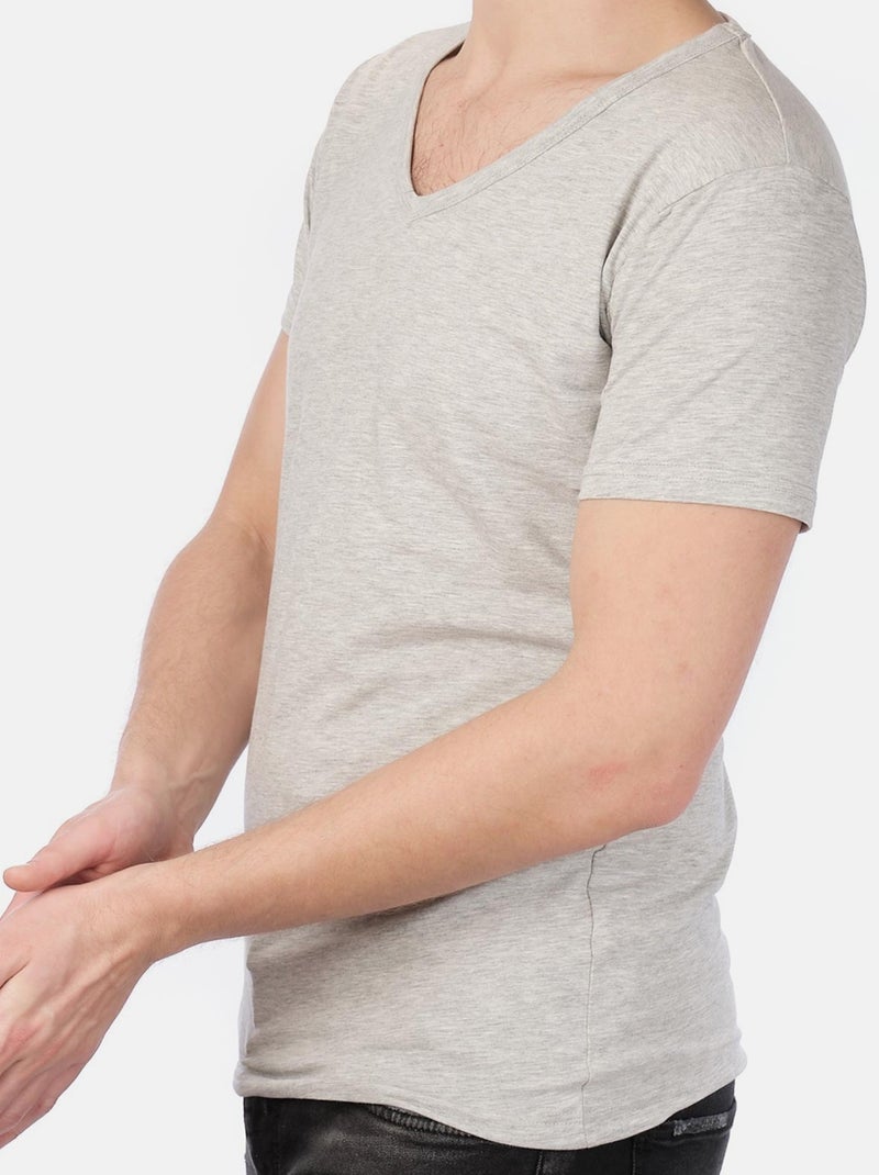 T-shirt manches courtes col V uni Gris - Kiabi