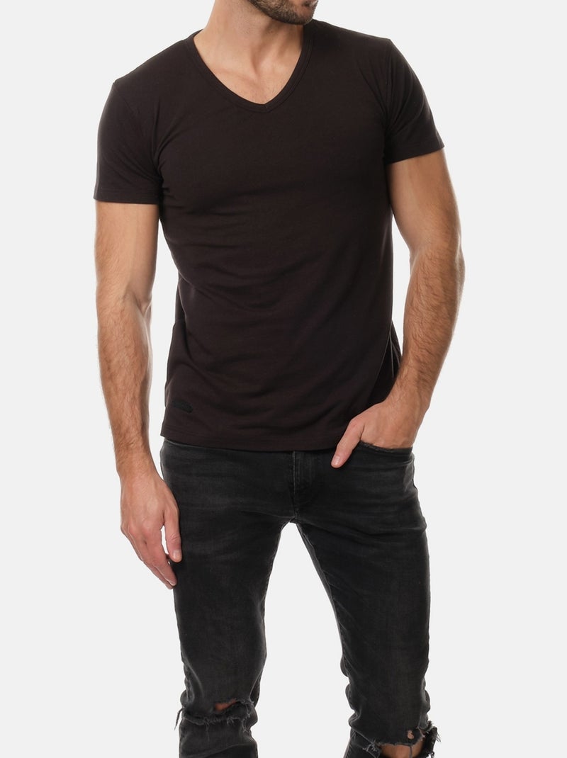 T-shirt manches courtes col V uni Noir - Kiabi