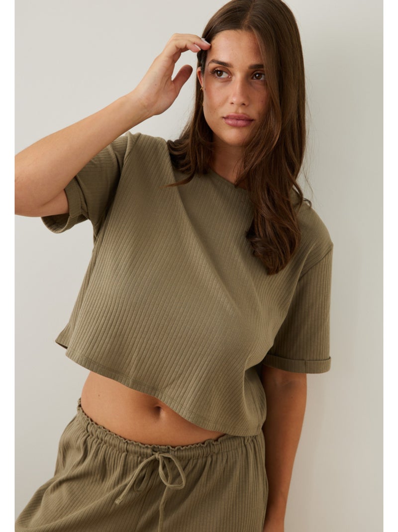 T-shirt manches courtes côtelé Elsa Vert - Kiabi