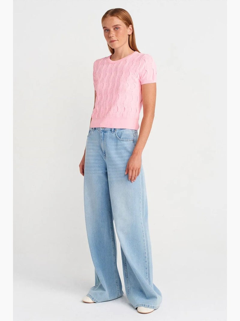 T-shirt manches courtes côtelé texturé dilvin Rose pâle - Kiabi