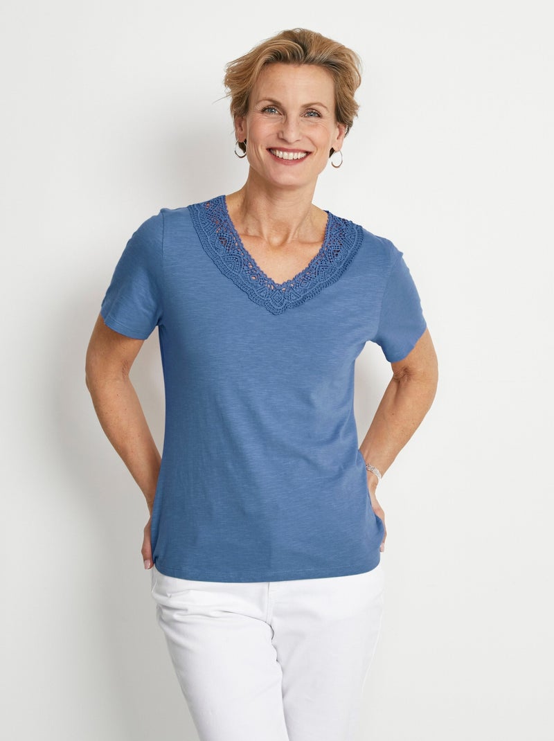 T-shirt manches courtes coton et macramé Bleu - Kiabi