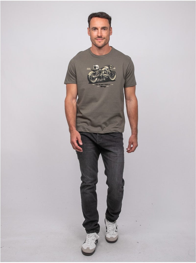 T shirt manches courtes coton motif moto jatoulo Kaki - Kiabi