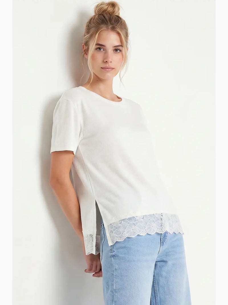 T-shirt manches courtes dentelle ajourée ample istanbul Blanc cassé - Kiabi