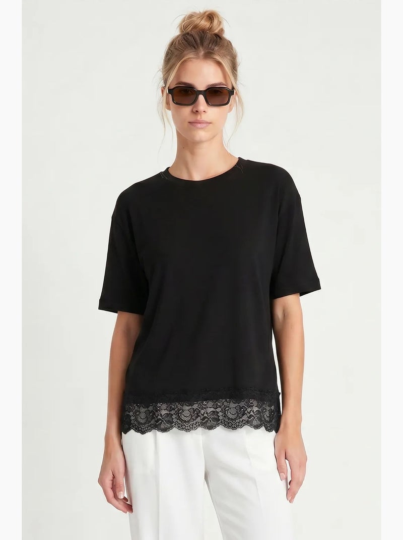 T-shirt manches courtes dentelle ajourée ample istanbul Noir - Kiabi