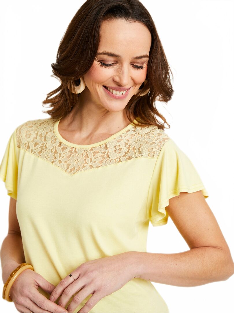 T-shirt Femme Morgan à Dentelle - Manches Courtes, Col V, Broderie Festonnée - Viscose Élasthanne
