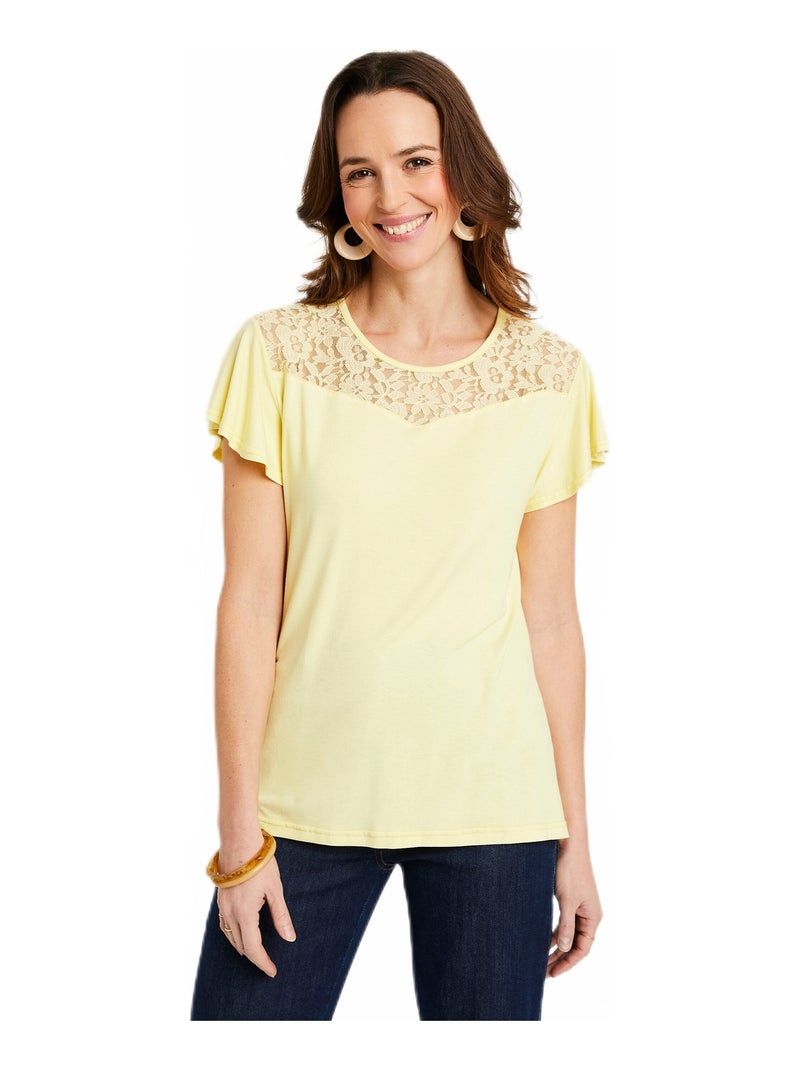 T-shirt manches courtes dentelle Beige - Kiabi
