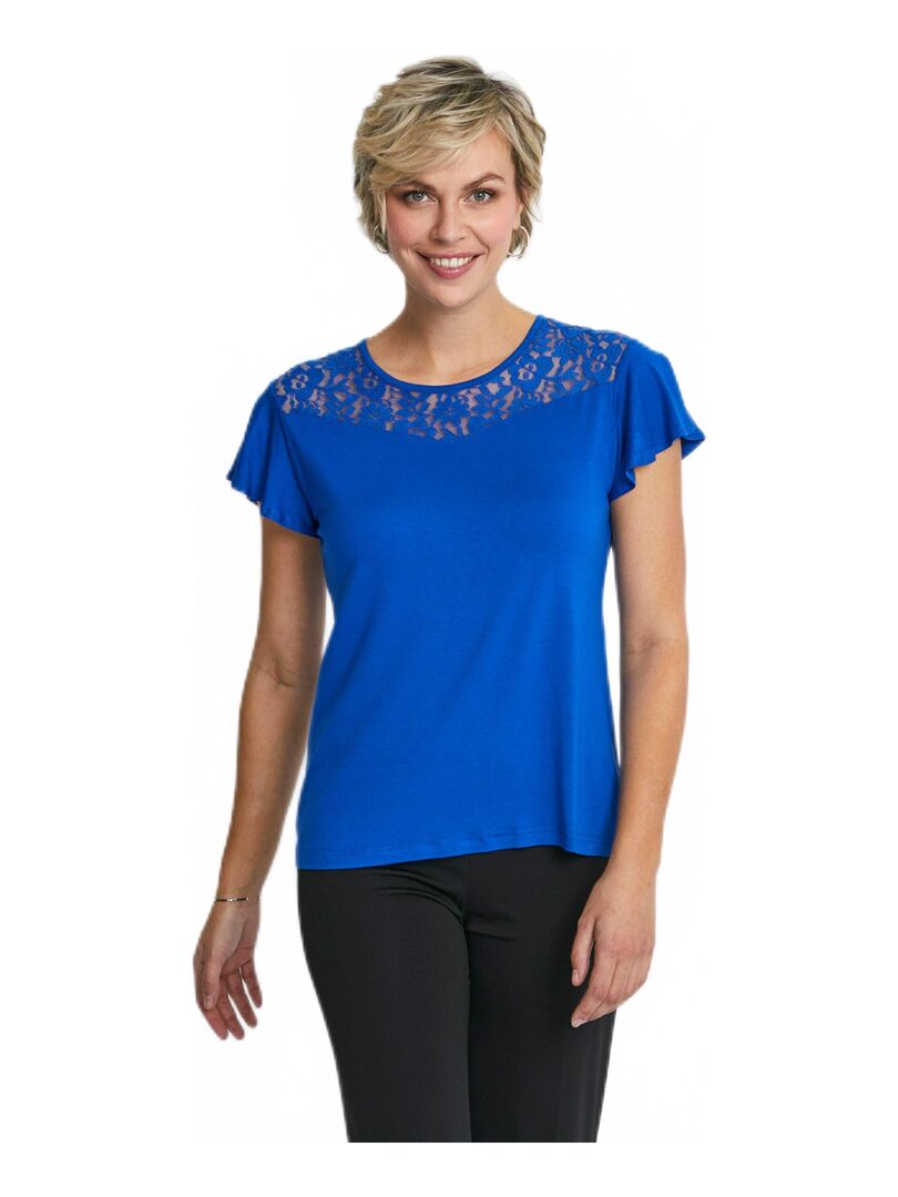 T-shirt manches courtes dentelle Bleu - Kiabi