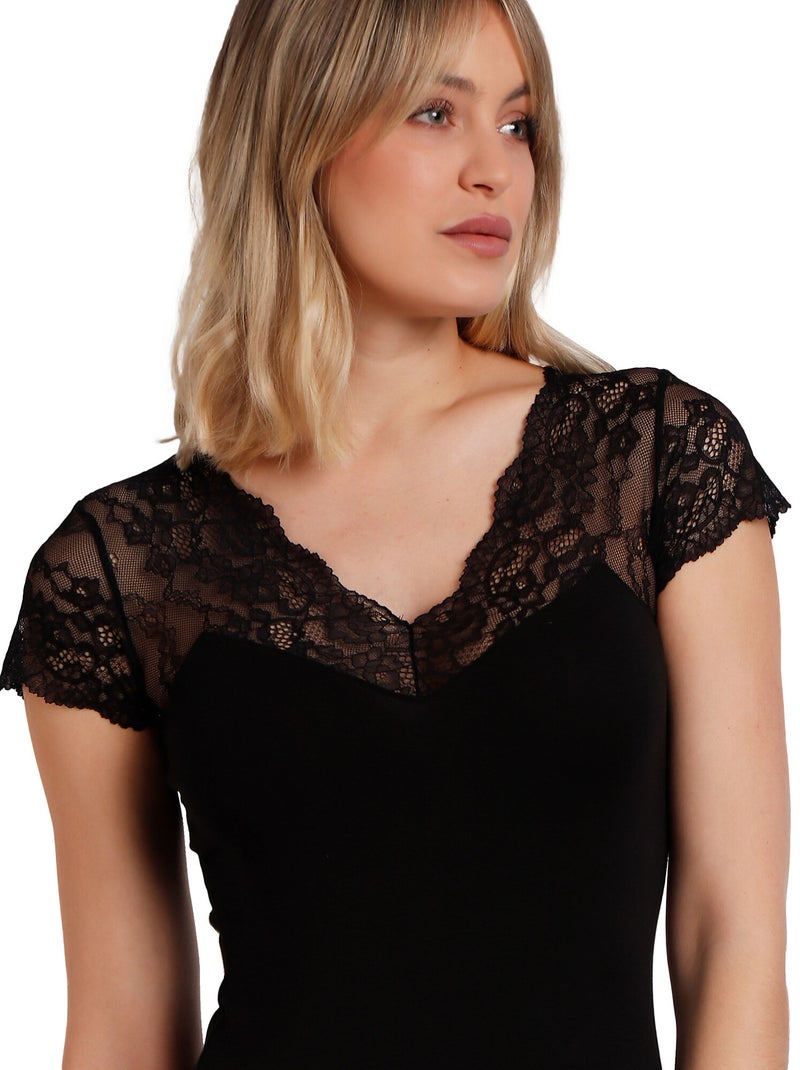 T-shirt manches courtes dentelle Puntilla Noir - Kiabi