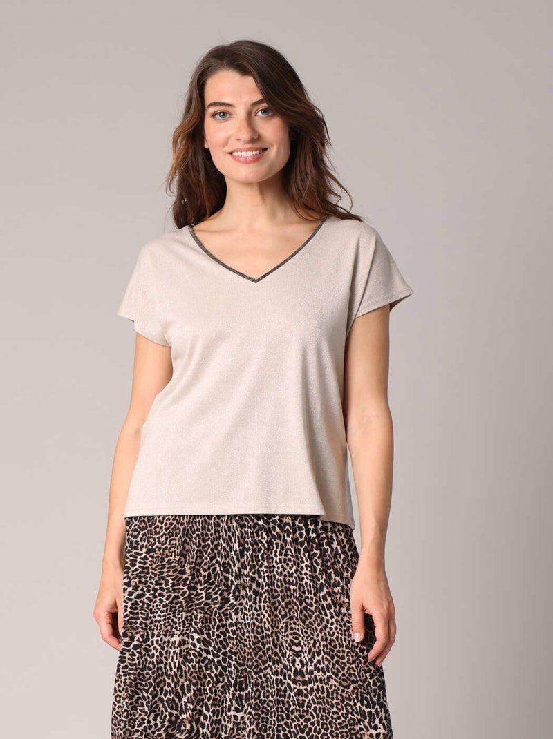 T-shirt manches courtes en maille brillante  'Deeluxe' Beige - Kiabi