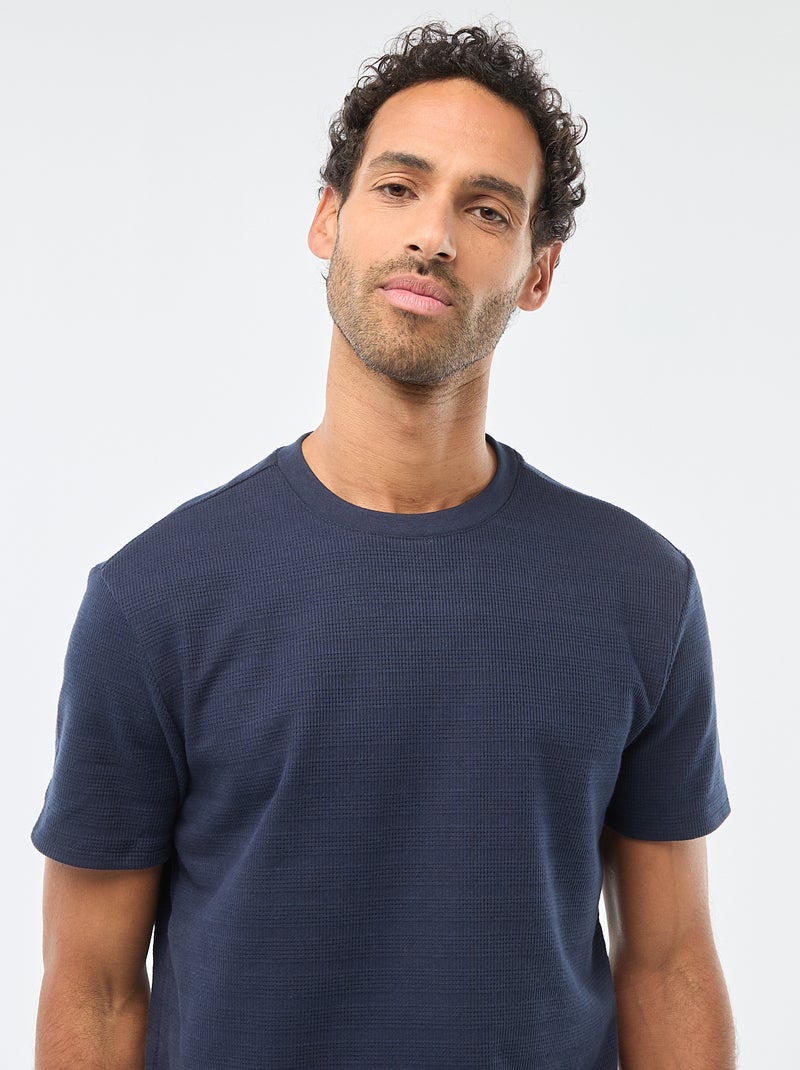 T-shirt manches courtes en maille gaufrée Bleu - Kiabi