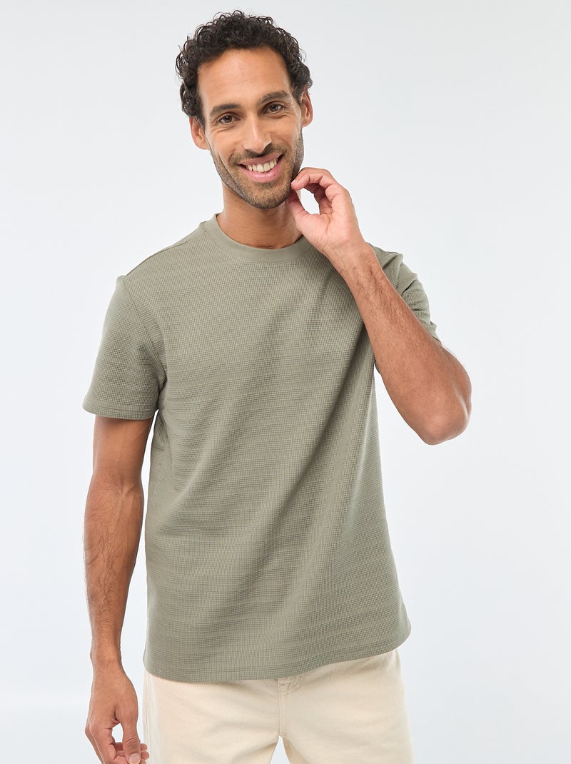 T-shirt manches courtes en maille gaufrée Vert - Kiabi