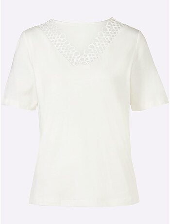 T shirt manches courtes encolure en V empiècement en dentelle - Taille standard - Witt