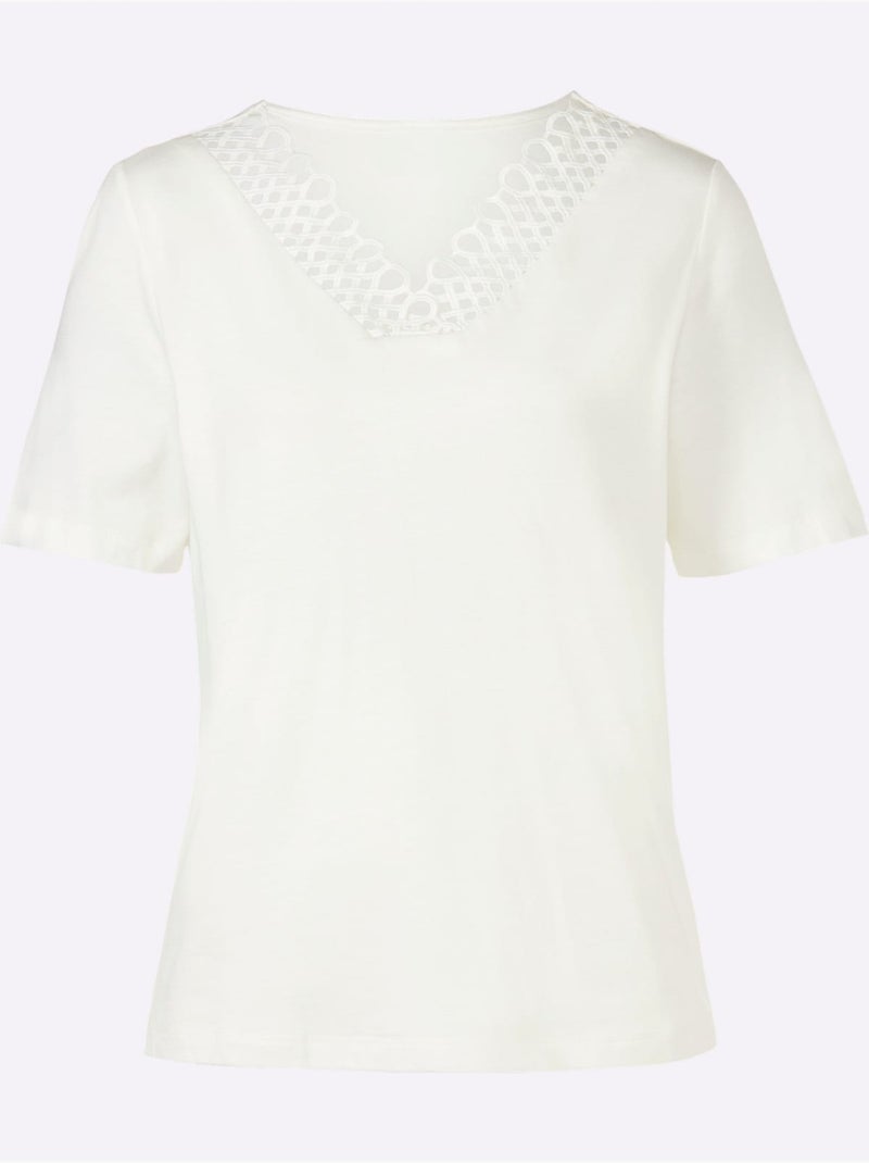 T shirt manches courtes encolure en V empiècement en dentelle - Taille standard - Witt Ecru - Kiabi