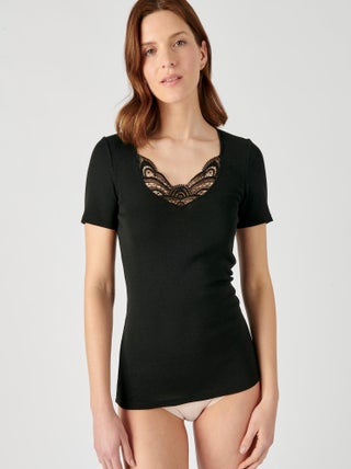 T-shirt manches courtes fine côte guipure Thermolactyl - Damart