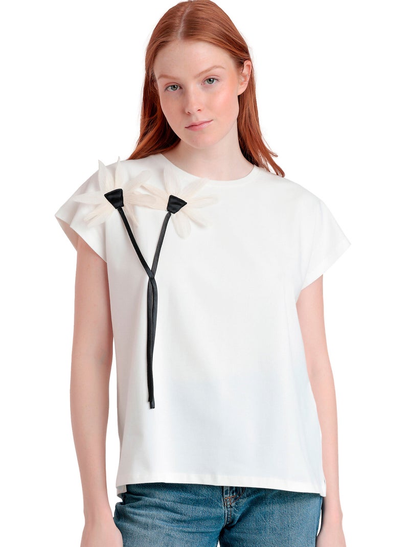 T-shirt manches courtes Flor Aplicada Ecru - Kiabi