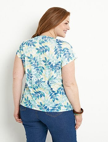 T-shirt manches courtes imprimé feuillage col rond