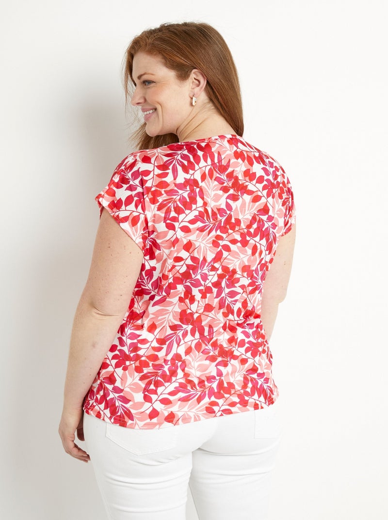 T-shirt manches courtes imprimé feuillage col rond Rose rouge - Kiabi