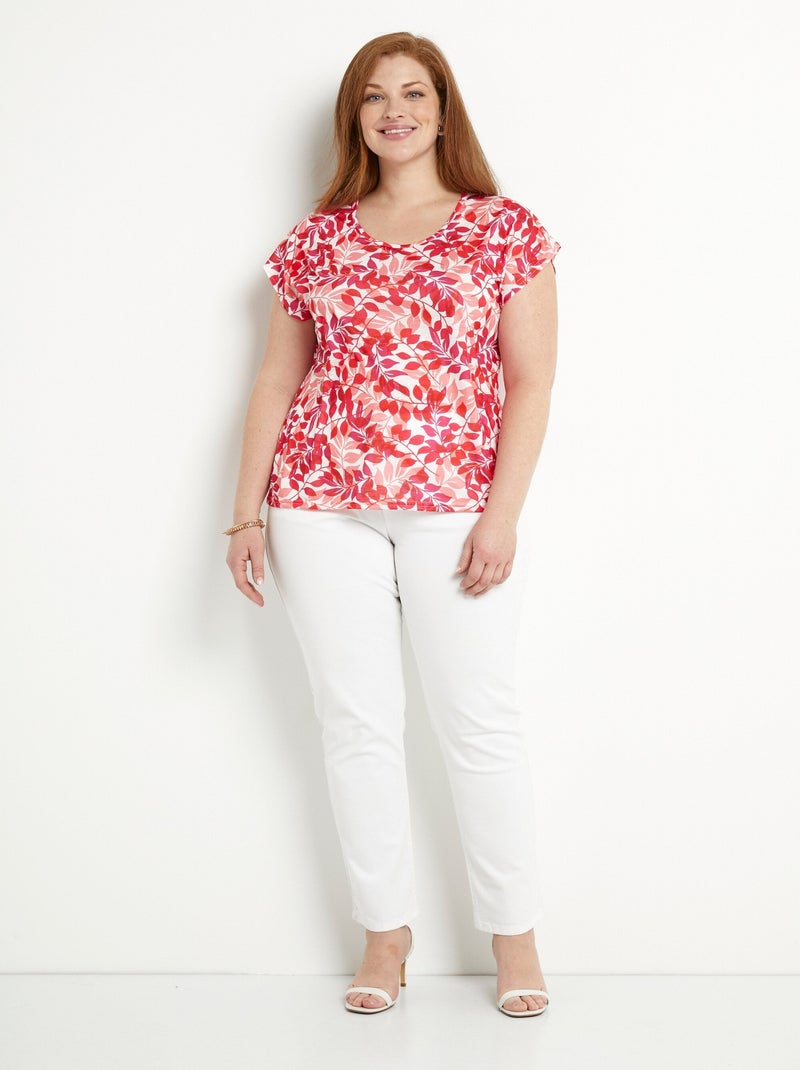T-shirt manches courtes imprimé feuillage col rond Rose rouge - Kiabi