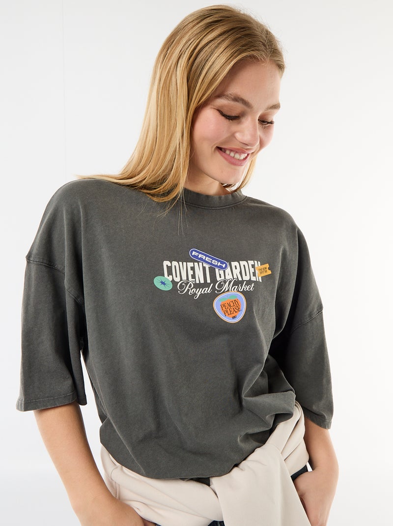 T-shirt manches courtes imprimé recto-verso Gris - Kiabi
