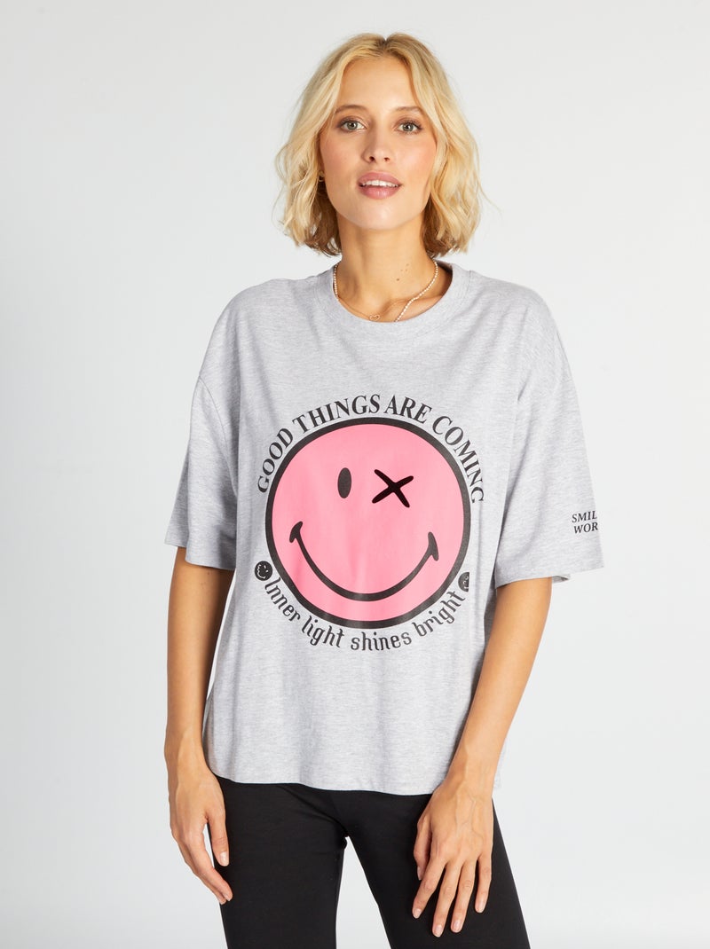T-shirt manches courtes imprimé 'smiley' Gris - Kiabi