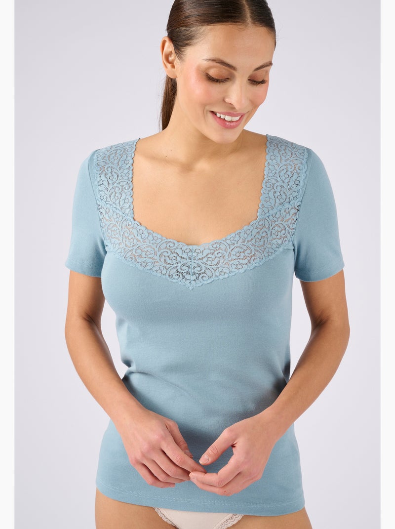 T-shirt manches courtes maille pur coton peigné - Damart Bleu - Kiabi