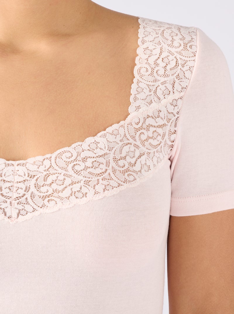 T-shirt manches courtes maille pur coton peigné - Damart Rose - Kiabi