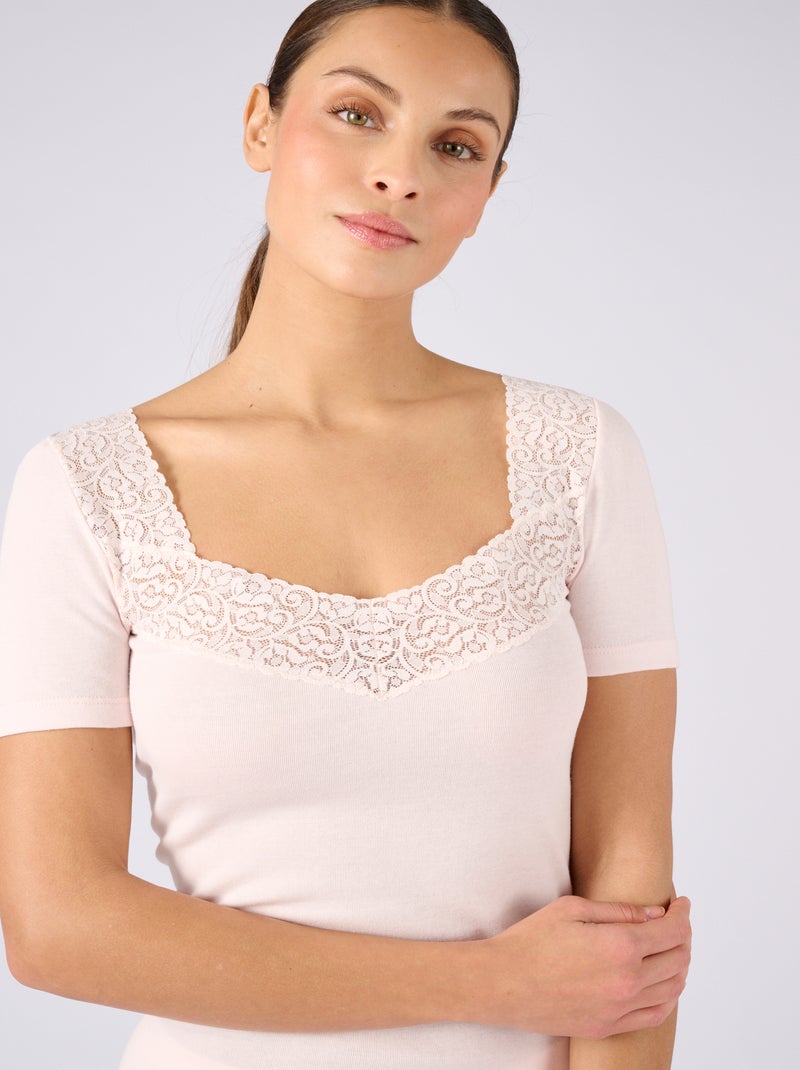 T-shirt manches courtes maille pur coton peigné - Damart Rose - Kiabi