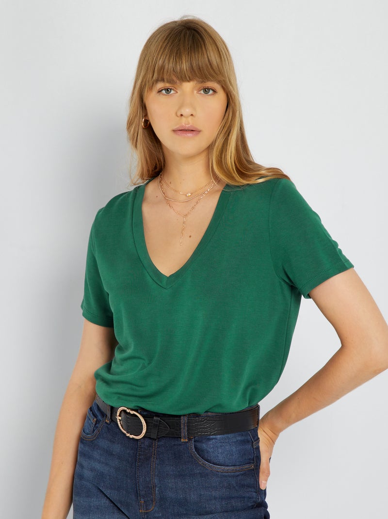 T-shirt manches courtes matière douce Vert - Kiabi
