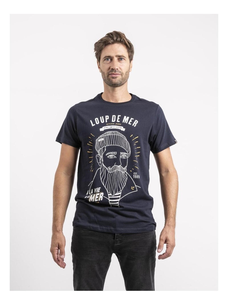 T-shirt manches courtes pur coton JEPASTEL Bleu marine - Kiabi