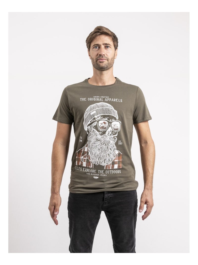 T-shirt manches courtes pur coton JOCOLZA Kaki - Kiabi