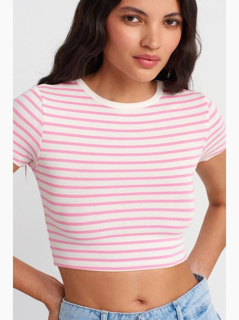T-shirt manches courtes rayé dilvin Blanc Rose - Kiabi