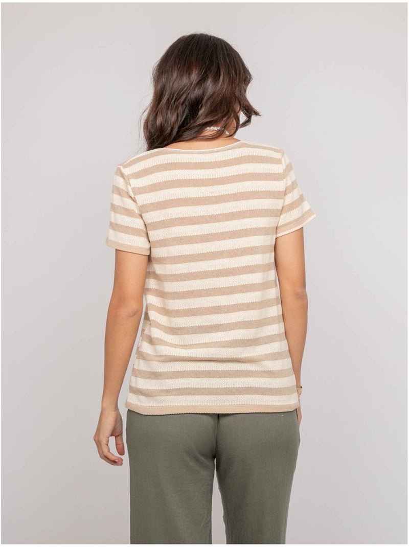 T-shirt manches courtes rayures FIGO Beige - Kiabi
