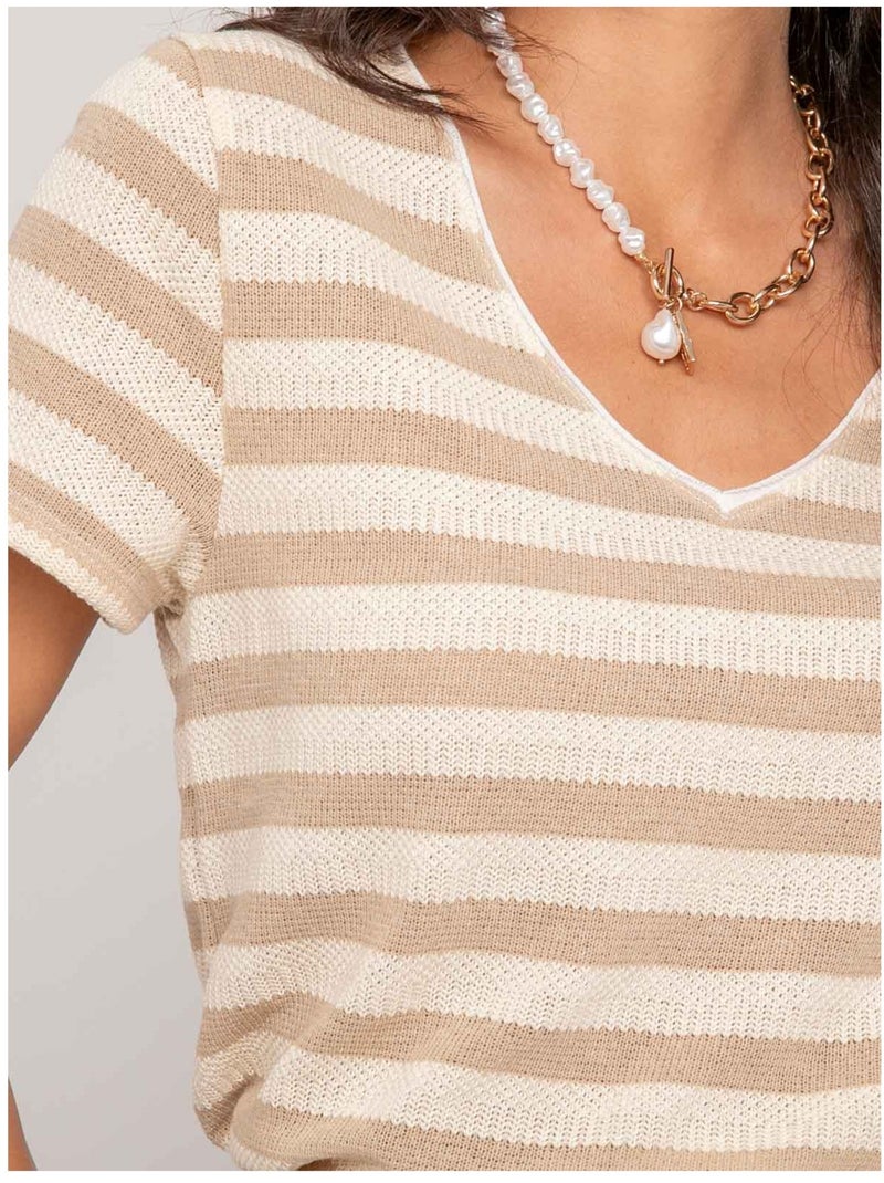 T-shirt manches courtes rayures FIGO Beige - Kiabi