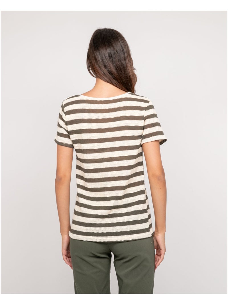 T-shirt manches courtes rayures FIGO Kaki - Kiabi