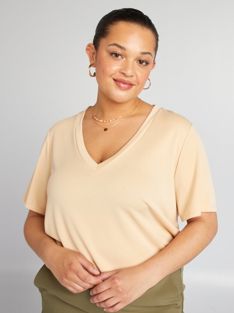 T-shirt manches courtes stretch Crème - Kiabi