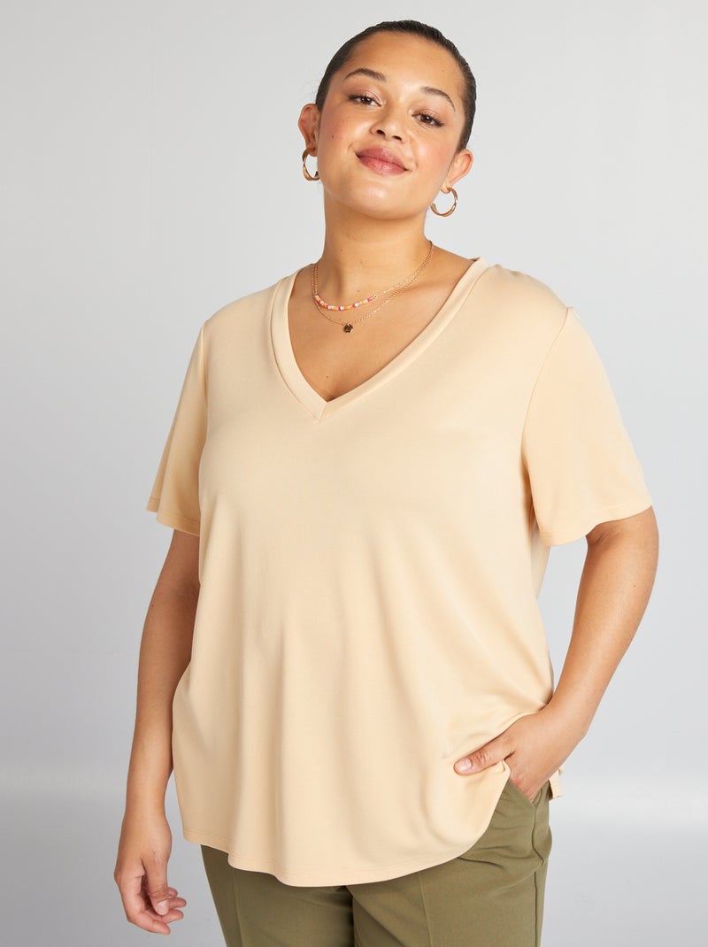 T-shirt manches courtes stretch Crème - Kiabi