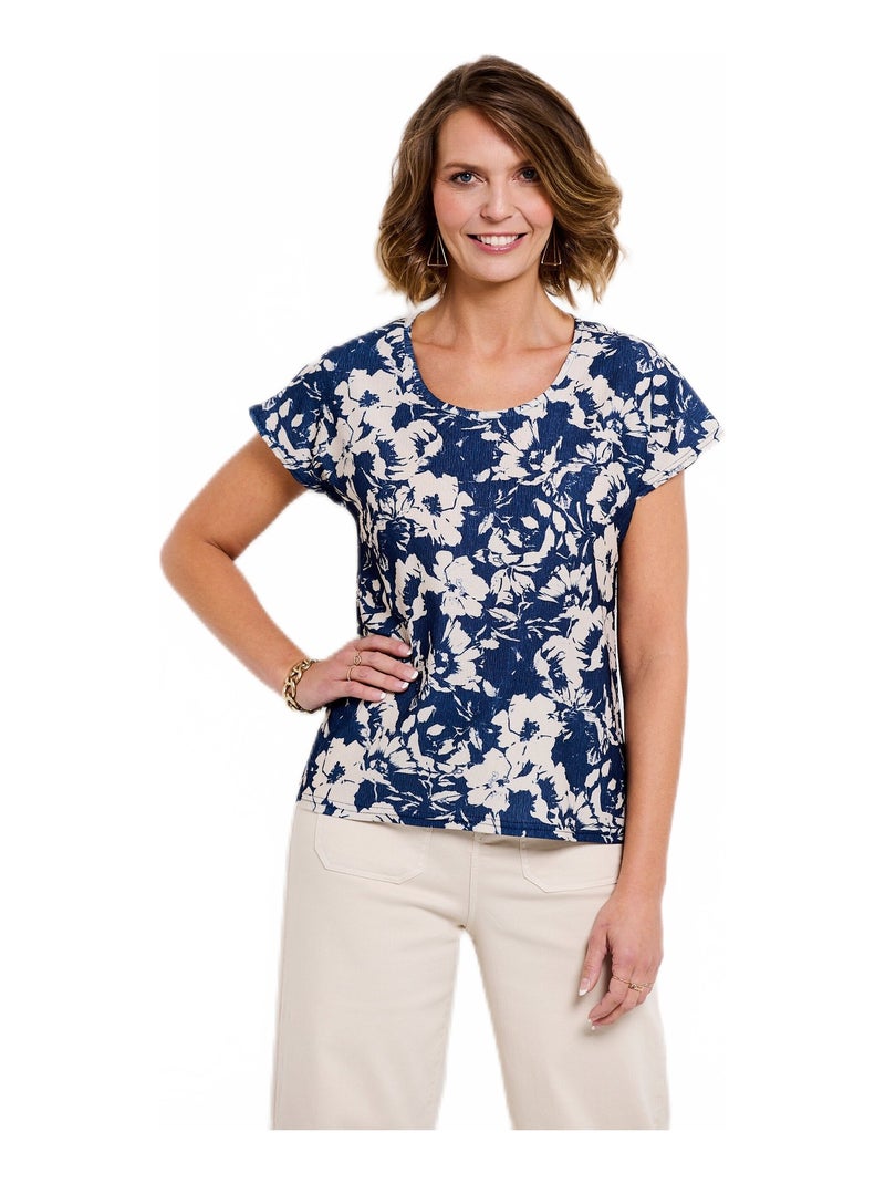 T-shirt manches courtes uni ou imprimé fleurs Bleu Beige - Kiabi