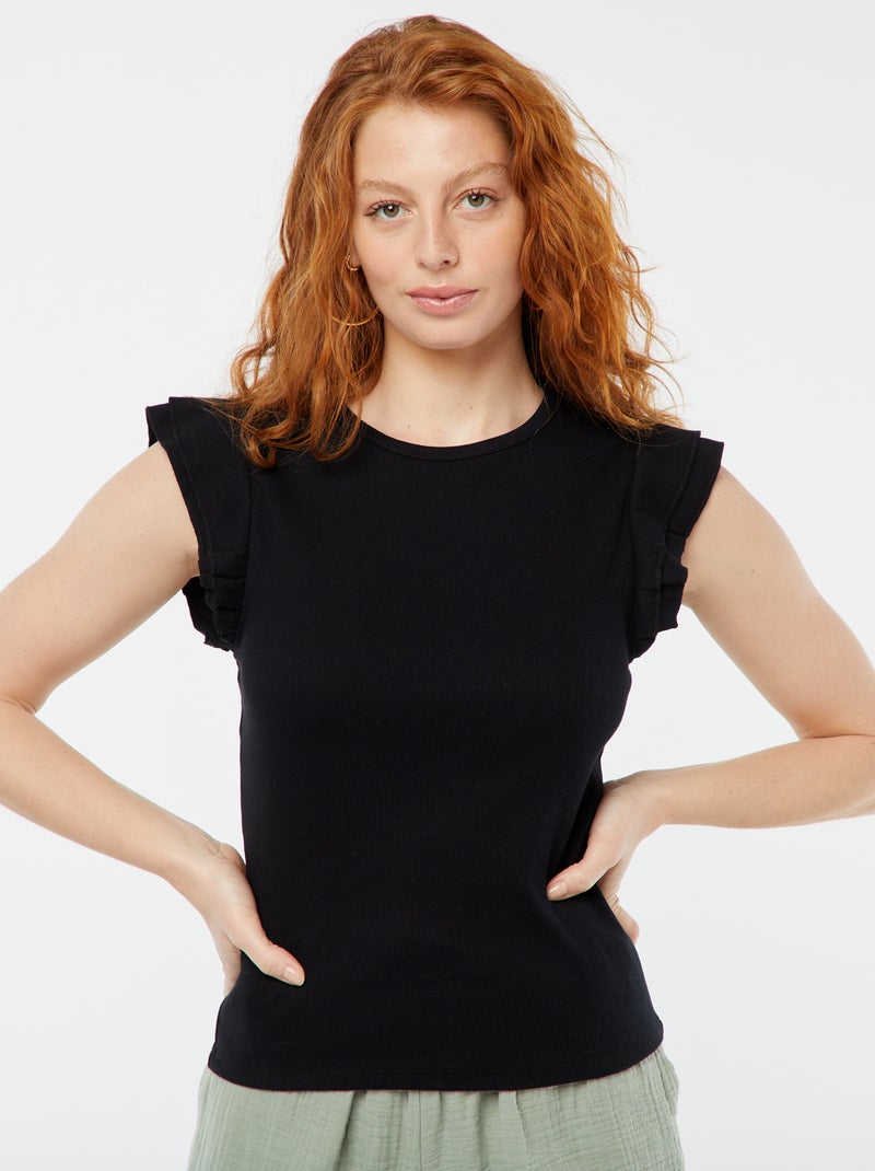 T-shirt manches courtes volantées noir - Kiabi