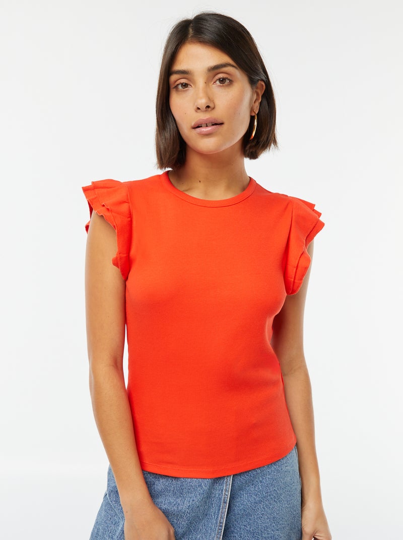 T-shirt manches courtes volantées rouge - Kiabi