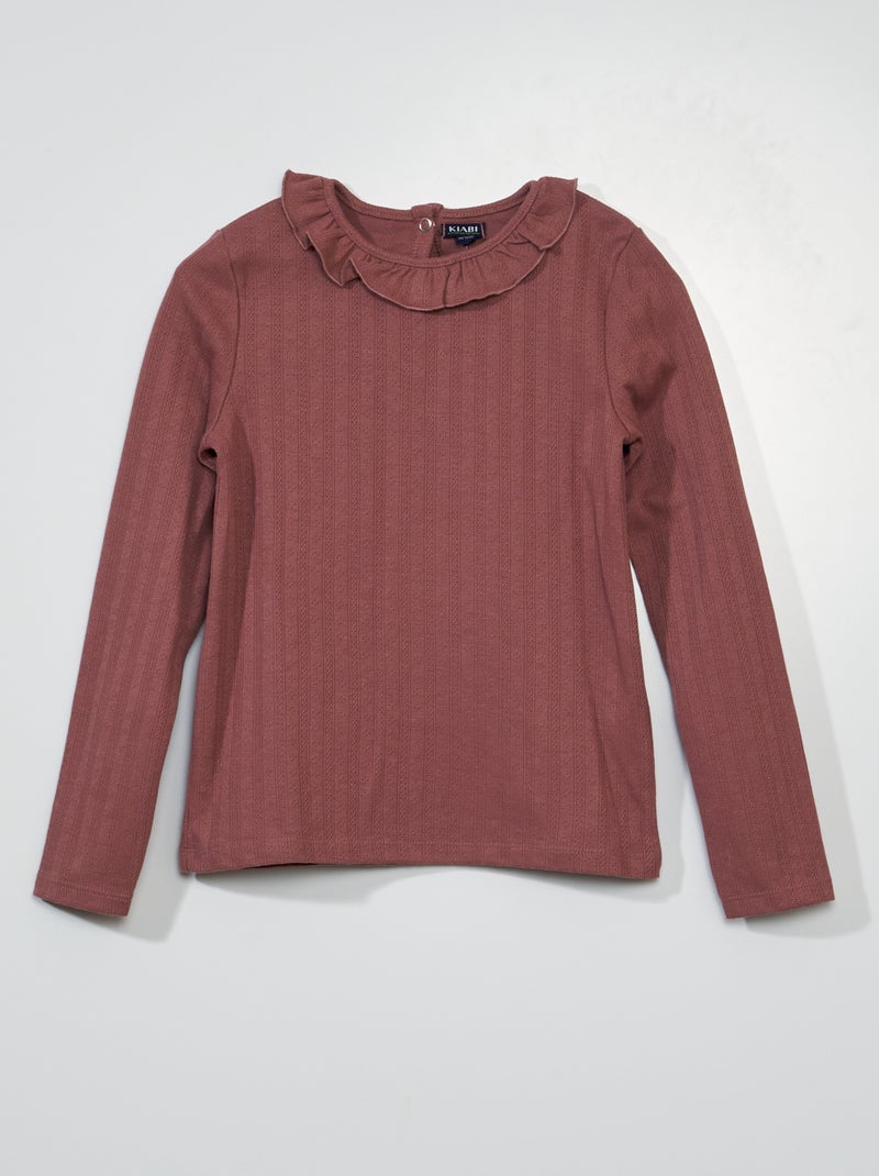 T-shirt manches longues à col volanté Rose - Kiabi