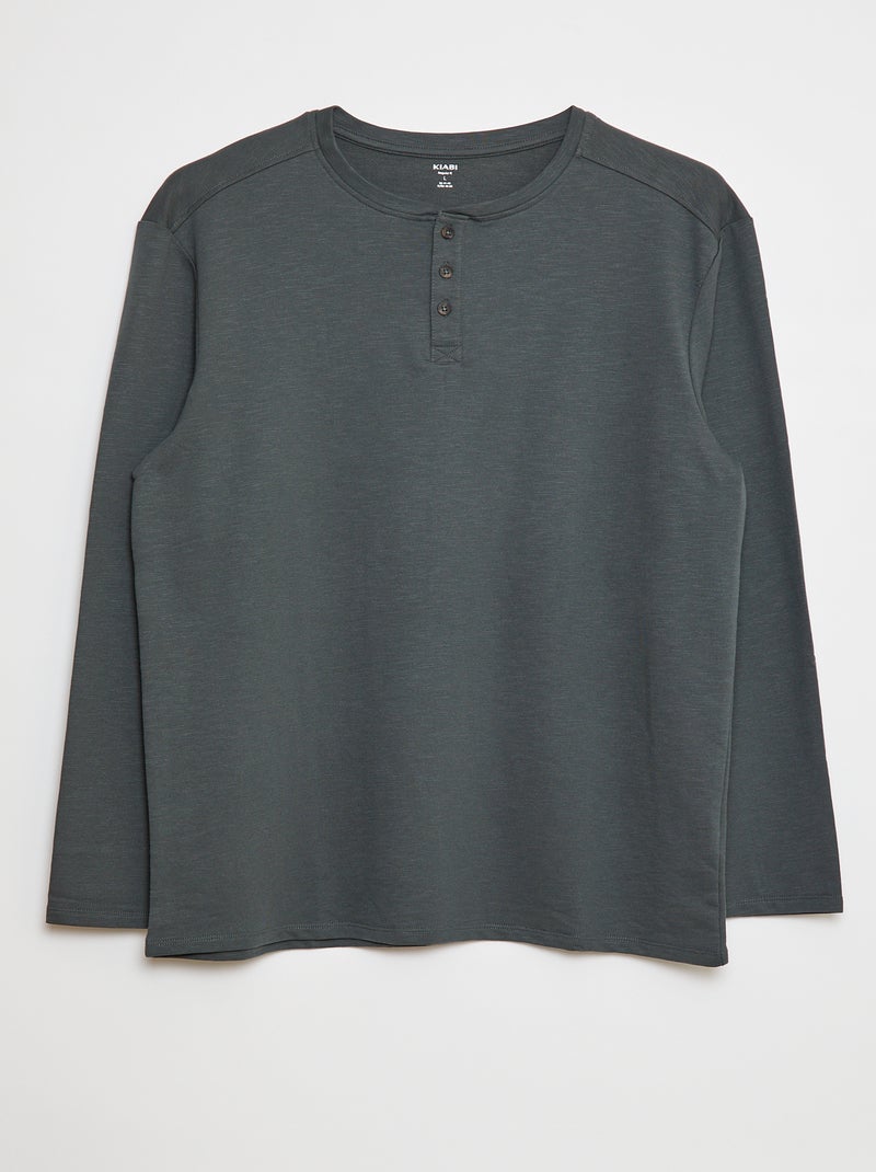 T-shirt manches longues avec col tunisien Kaki - Kiabi