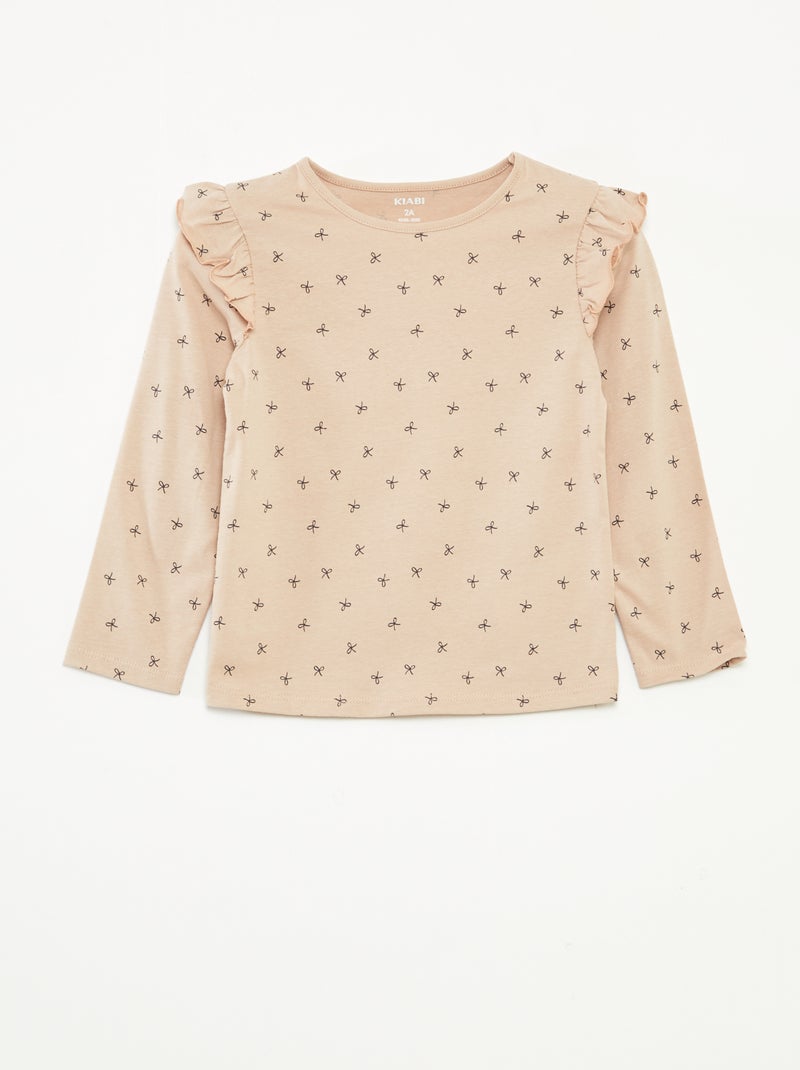 T-shirt manches longues avec emmanchures volantées et motif Beige - Kiabi
