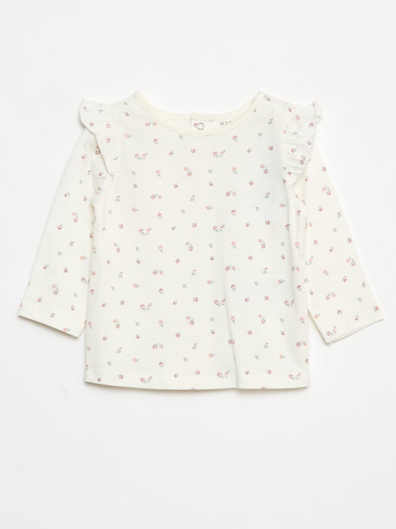 T-shirt manches longues avec emmanchures volantées et motif Blanc - Kiabi