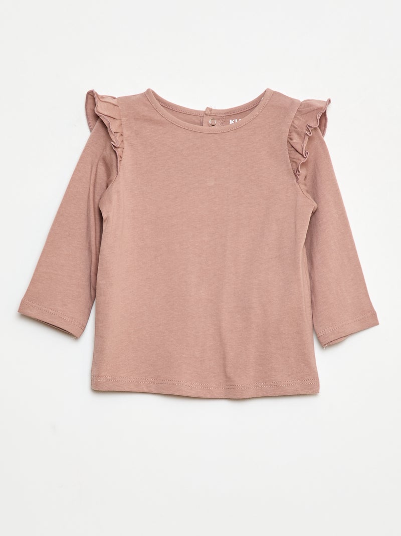 T-shirt manches longues avec emmanchures volantées et motif Rose - Kiabi