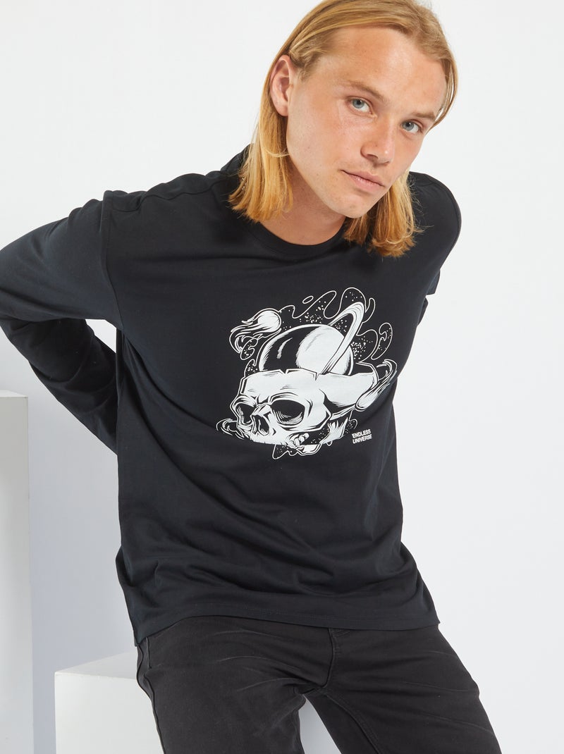 T-shirt manches longues avec imprimé Noir 'crâne' - Kiabi