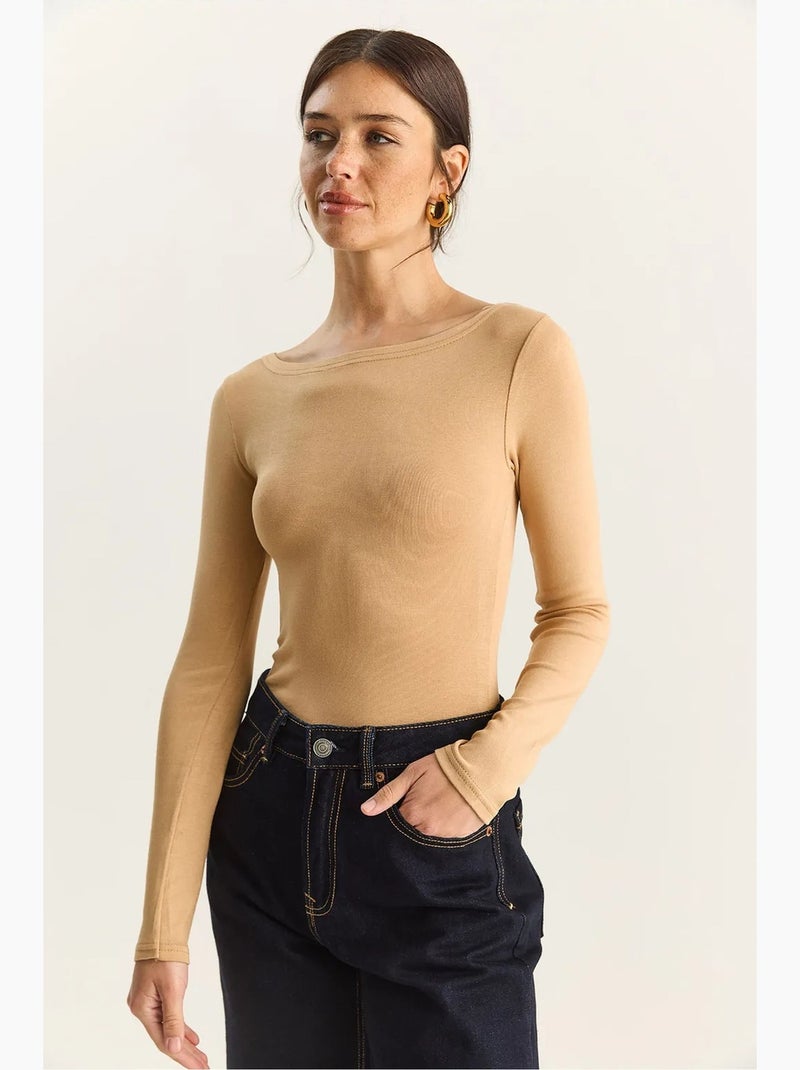 T-shirt manches longues basique ajusté lucci Beige argile - Kiabi